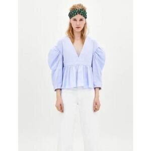 Zara TRF Blue & White Stripe Peplum Blouse – Size M Cottagecore